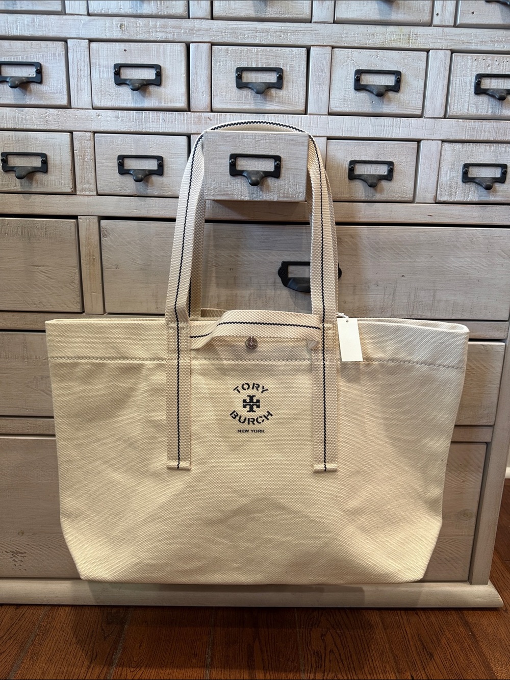 Tory Burch large Natural Canvas Organizer Tote with navy details NEW with tags